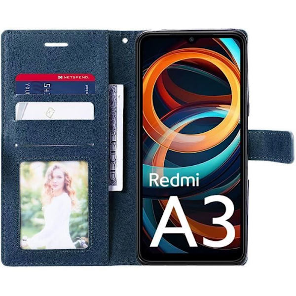 Skyddsskal - Xiaomi - Redmi A3 - Retro PU-läder - Stötsäker - Kortfack och Stativ marinblå