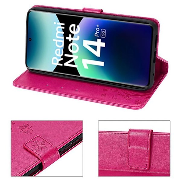 Coque för Xiaomi Redmi Note 14 Pro Plus 5G/Note 14 Pro+ 5G, Skydd med Fodral i Fuchsia Läderlook med Fjärilsmönster Fuchsia
