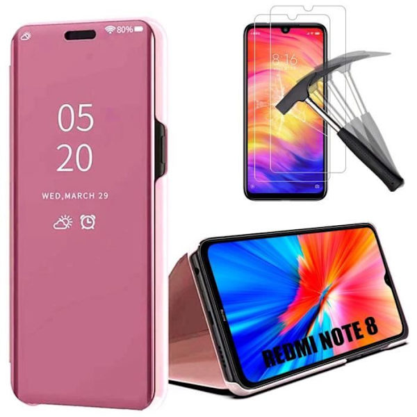 Etui til Redmi Note 8 (6,3") med spejlet hærdet glas Tanlucent vindue Solid forstærket beskyttelse Pink rosa
