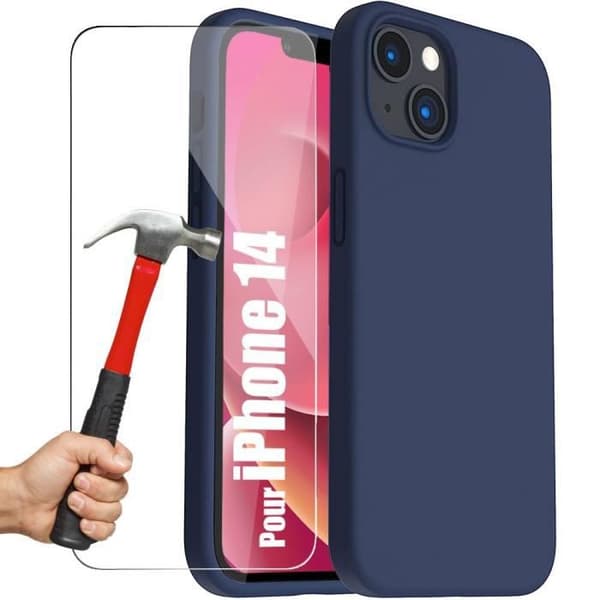 Skyddsskal - E.F.CONNECTION - för iPhone 14 - Mjuk + 2 Härdat Glas marinblå