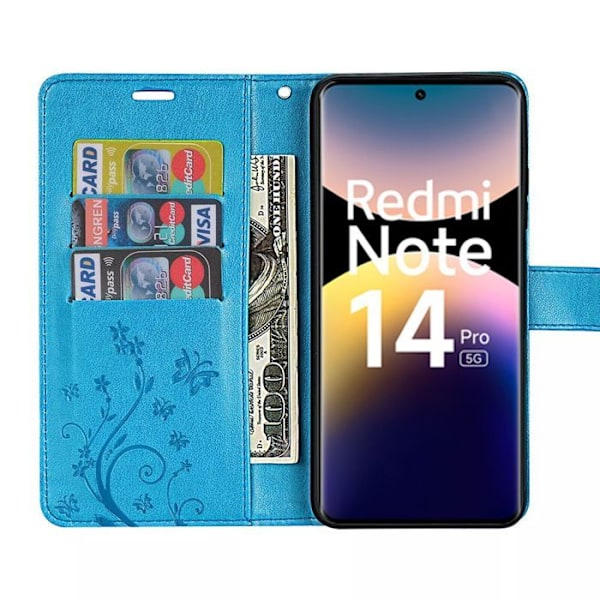Coque och 2 Fuktiga Glas för Xiaomi Redmi Note 14 Pro 5G (inte för 4G) Skydd i Syntetisk Läder Blå Fjärilsdesign Blå