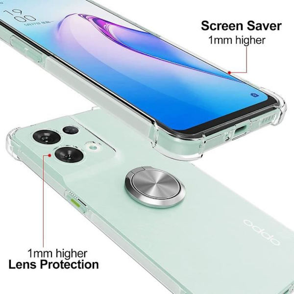 Skyddsskal - OPPO - Reno 8 Pro 5G - Transparent silikon - 360° roterande ring - Mjuk Transparent