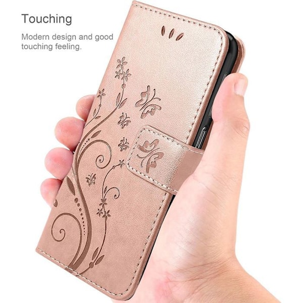Cover og 2 Dypede Glas til Xiaomi Redmi 14C, Beskyttelse Klap Stødabsorberende Syntetisk Læder Rosa Sommerfuglblomst Mønster Rosa