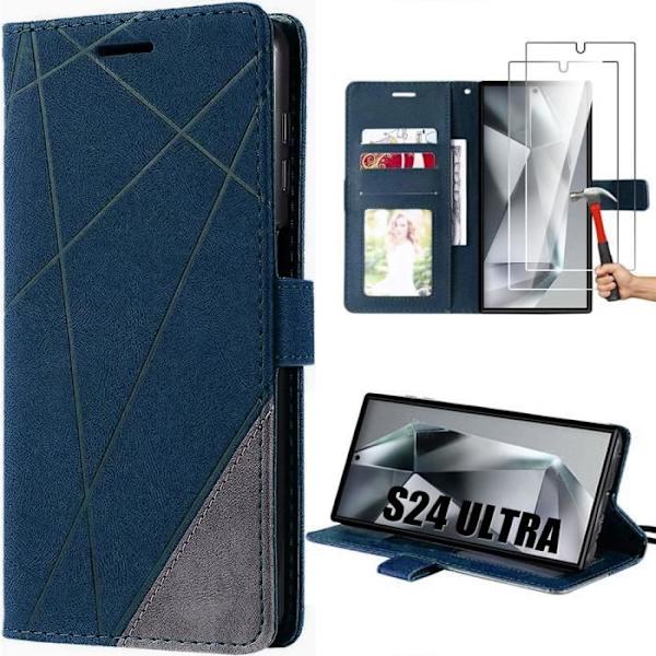 Mobilskal för Samsung Galaxy S24 Ultra - MÄRKE - Läderlook - 2 härdade glas - Heltäckande skydd marinblå