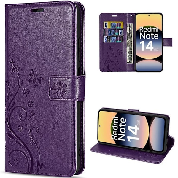 Coque för Xiaomi Redmi Note 14 5G (inte för 4G) Stöd mot Stötar Syntetiskt Läder Mönster Fjäril Blomma - Lila Natt Mörklila