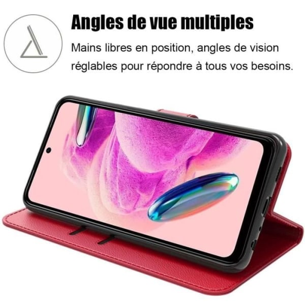 Etui + 2 hærdede briller til Xiaomi Redmi Note 12S, rødt, stødsikkert lædereffektcover med kortholder (ikke til Redmi Note 12)