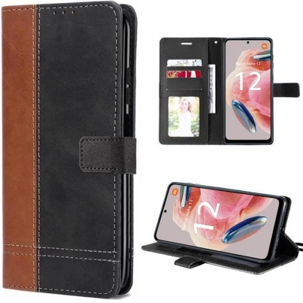 Flip Case til Redmi Note 12 5G - Tofarvet brun-sort syntetisk læderetui Brun svart
