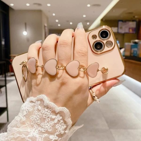 Hjärtaarmbandsfodral för iPhone 15 Plus, Ultra Slim Lätt Anti-Shock Anti-Scratch Skydd - Rosa
