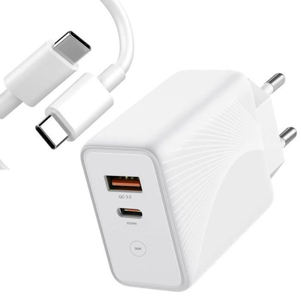 Lader 30W - E.F.CONNECTION - PD 20W + QC 3.0 - USB-C Kabel 1m - Kompatibel med Samsung S25/S24/S23/S22/S21/S20 Vit