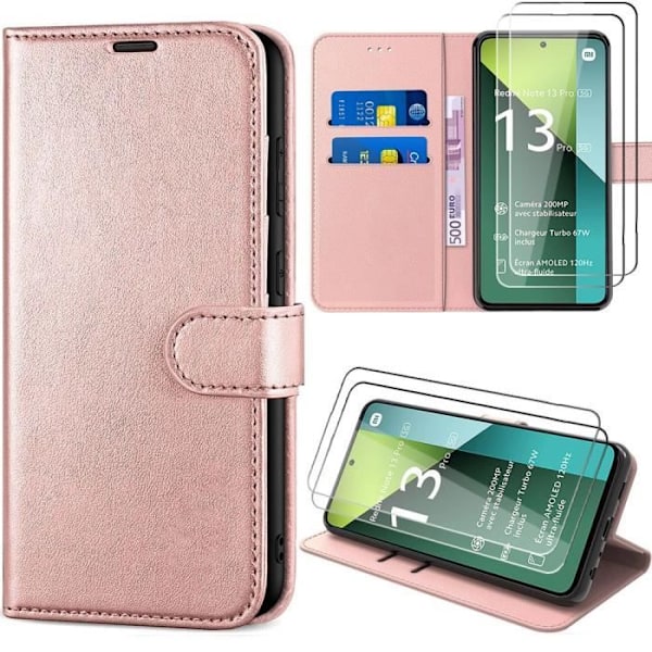 Fodral + 2 härdade glasögon för Xiaomi Redmi Note 13 Pro 5G (ej för 4G), stötsäkert PU-läder med kortficka, rosa