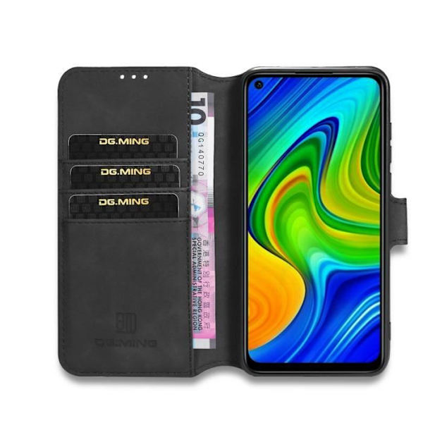 Fodral - Xiaomi - Redmi Note 9 - Premium läder - Horisontellt stöd - Magnetlås Svart