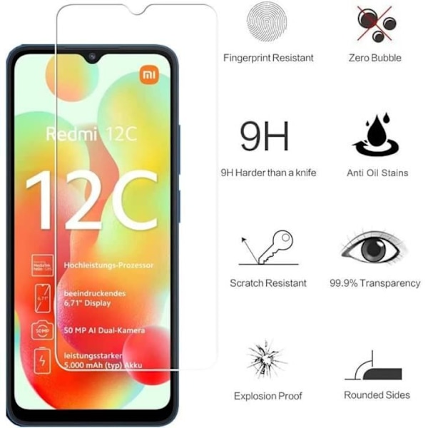 Härdat glas för Xiaomi Redmi 12C - 11A - Enkel installation Anti-scratch Pack om 2 Transparent