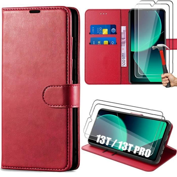 Coque til Xiaomi 13T - Xiaomi - Stødabsorberende PU Læder Etui Rød - Kortholder - 2 Tempered Glas Röd