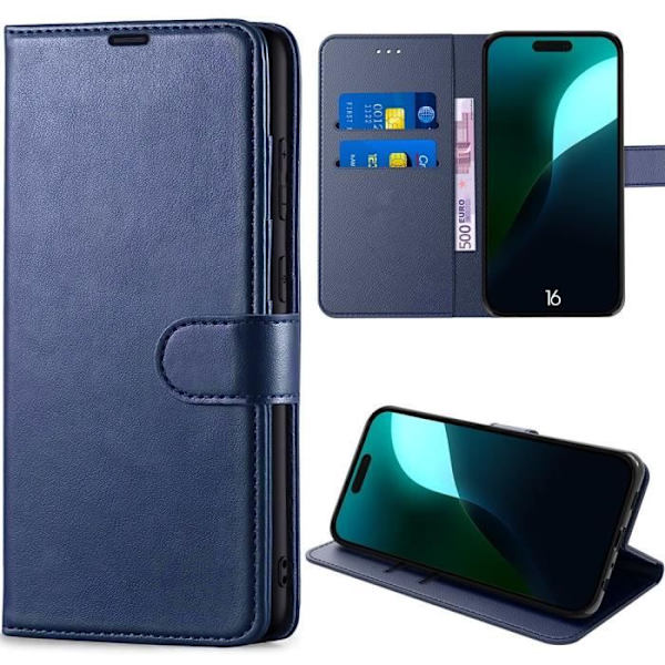 Coque för iPhone 16 - MÄRKE - Mörkblå - PU-läder - Stötabsorberande - Kortfack marinblå