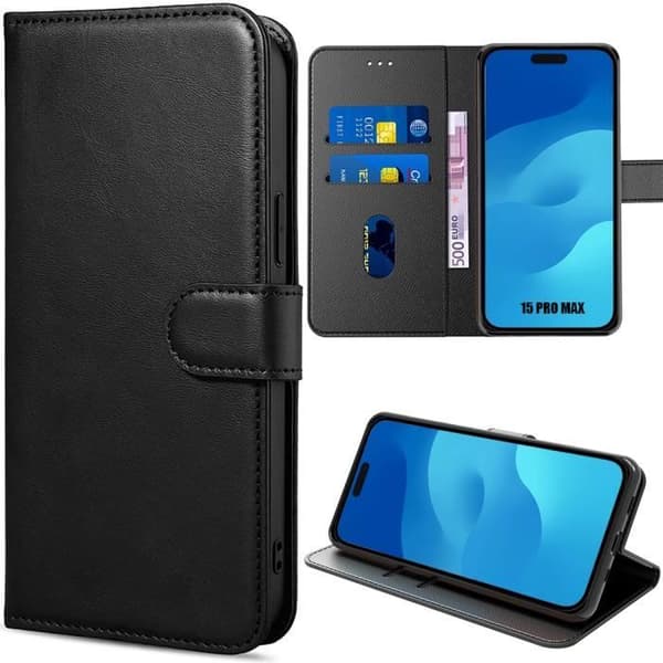 Coque - E.F.CONNECTION - för iPhone 15 Pro Max - Syntetiskt läder - Kortficka - Ställning Svart