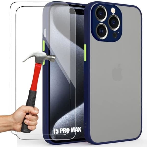 Coque - E.F.CONNECTION - för iPhone 15 Pro Max - Silikonmat - Stötabsorberande - 2 erbjudna härdade glas marinblå