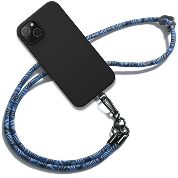 Lanyardfodral för iPhone 15 Plus, svart silikon med blå Robust snodd