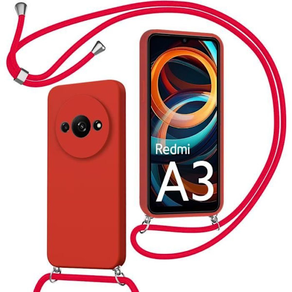 Lanyardfodral för Xiaomi Redmi A3, ultratunt hybrid silikon Stötsäkert skydd med snodd, röd