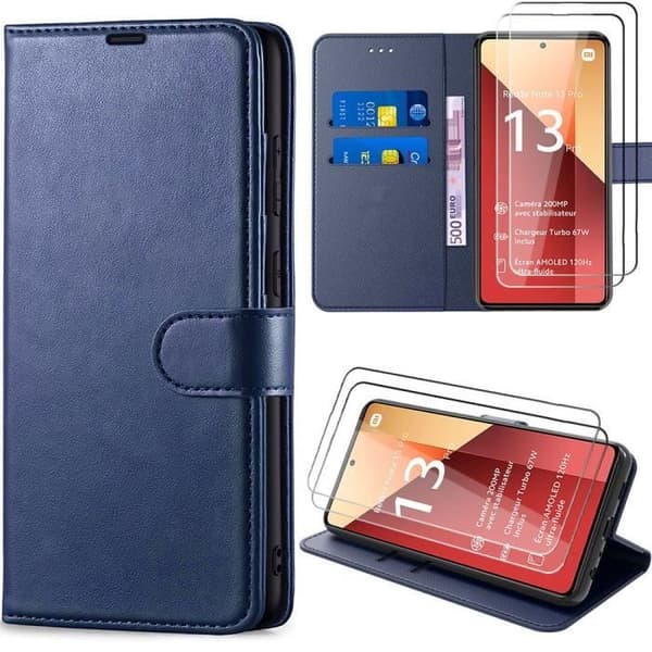 Coque och Härdat Glas - E.F.CONNECTION - För Xiaomi Redmi Note 13 Pro 4G - Marinblå - Läderlook - Stötsäker marinblå