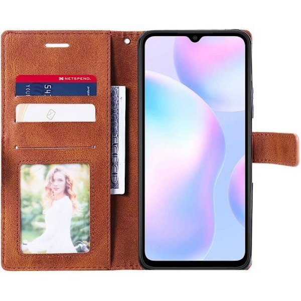 Taske til Xiaomi Redmi 9A Brun stødsikker med opbevaringsbillet blødt PU-læder kastanj