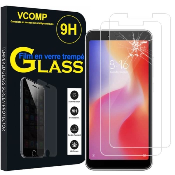 Skærmbeskytter - VCOMP - Xiaomi Redmi 6 - Hærdet glas - Sæt med 2 - Ridsefast