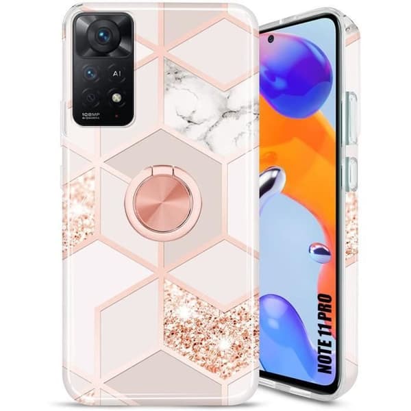 Coque - E.F.CONNECTION - För Xiaomi Redmi Note 11 Pro 4G-5G - Silikon Antichock - Rosa Marmor - Stöd Ring Rosa