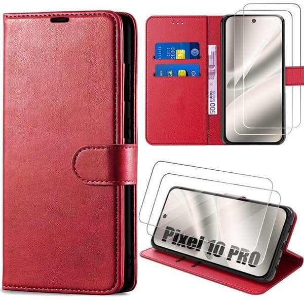 Mobilskal - E.F.Connection - för Google Pixel 10 Pro - Röd PU-läder - 2 härdade glas Röd