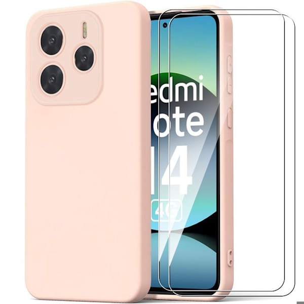 Coque + 2 Härdade Glas för Xiaomi Redmi Note 14 4G (inte för 5G) Silikonvätskeskydd Slimmigt Flexibelt Matt Rosa Effekt Rosa