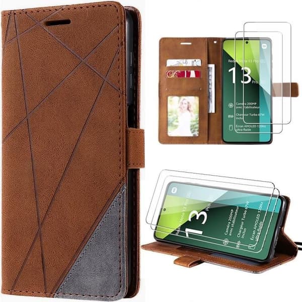Coque - E.F.Connection - för Xiaomi Redmi Note 13 Pro 5G - Stötsäker - Syntetiskt läder - Kortficka kastanj