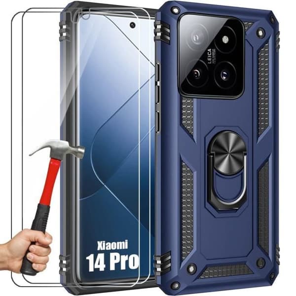 Fodral för Xiaomi 14 Pro - Ringfodral - Förstärkt Skydd - 2 Härdat Glas - Mörkblå marinblå
