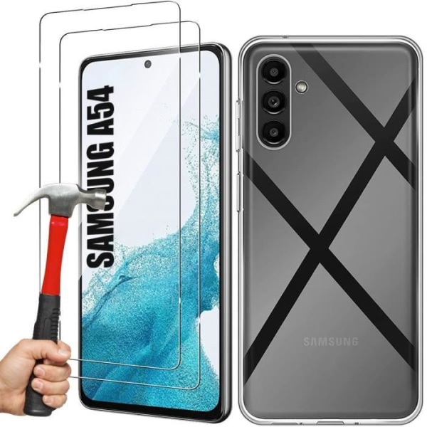 Fodral till Samsung Galaxy A54 + 2 härdade glasögon. Silikonförstärkt skyddsfodral Transparent