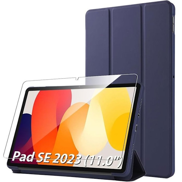 Coque + Härdat Glas - för Xiaomi Redmi Pad SE - Repfritt Skydd - Fällbart Stöd - Mörkblå marinblå