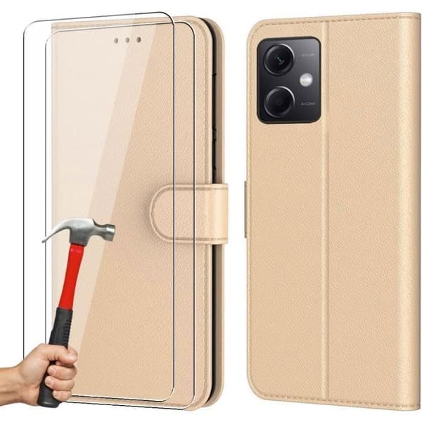 Skyddsfodral - E.F.CONNECTION - för Xiaomi Redmi Note 12 5G - Läderlook - Härdat - Guld - 2 Härdade Glas gyllene