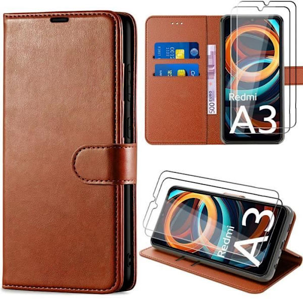 Coque til Xiaomi Redmi A3 - E.F.CONNECTION - PU Læderetui - Stødabsorberende beskyttelse - Brun med 2 hærdet glas kastanj