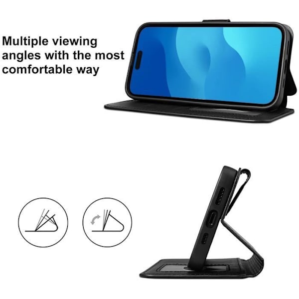 Fodral för iPhone 15 Pro Max + 2 härdade glasögon, svart lädereffektskydd Magnetisk stängning