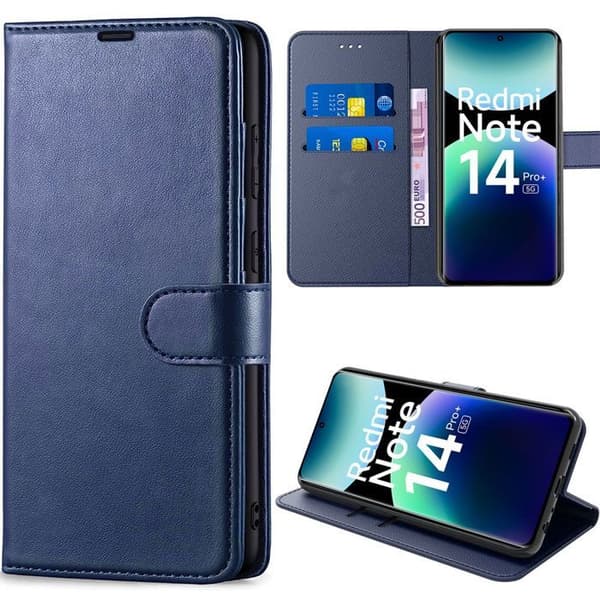 Coque - E.F.CONNECTION - För Xiaomi Redmi Note 14 Pro Plus 5G - Blå marin PU-läder - Stötabsorberande - Repåtsande marinblå