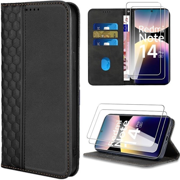 Coque + 2 Rugede Glas til Xiaomi Redmi Note 14 Pro 5G (ikke til 4G) Beskyttelse i Syntetisk Læder Sort Svart