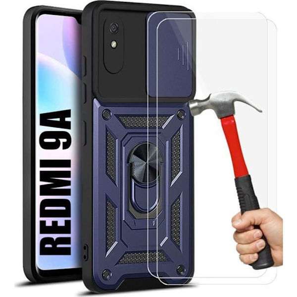 Pack 2 härdade glasögon + fodral för Redmi 9A (6,53") Marinblå Stötsäker bakre ring Anti-scratch Army Style förstärkt kant marinblå