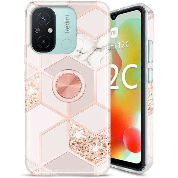 Coque - Xiaomi - Redmi 12C - Silikon - Rosenmarmor - Stödring Rosa marmor