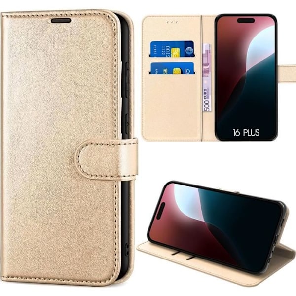 Fodral för iPhone 16 Plus, Anti-skrapkortshållare 360 graders skydd PU Läder Guld gyllene