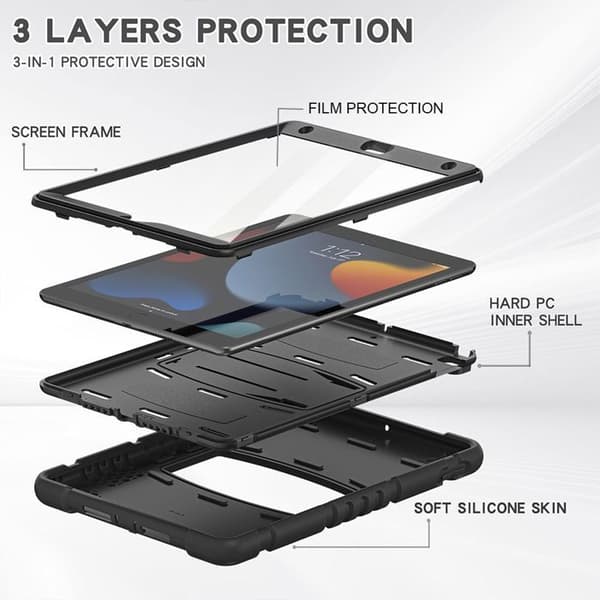 Fodral för iPad 10,2" - Heltäckande Skydd - Stötsäker - Fällbart Stöd - Svart - Silikon/PC Svart