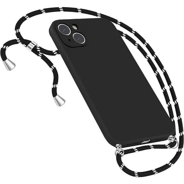 Skyddsskal - EF CONNECTION - för iPhone 14 - Flytande silikon - Stöttålig - Svart snöre Svart
