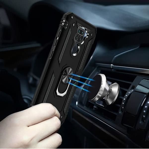 Skyddsskal - E.F.CONNECTION - för Redmi Note 9 - Mjuk silikon - Metallstöd med ring - Svart Svart
