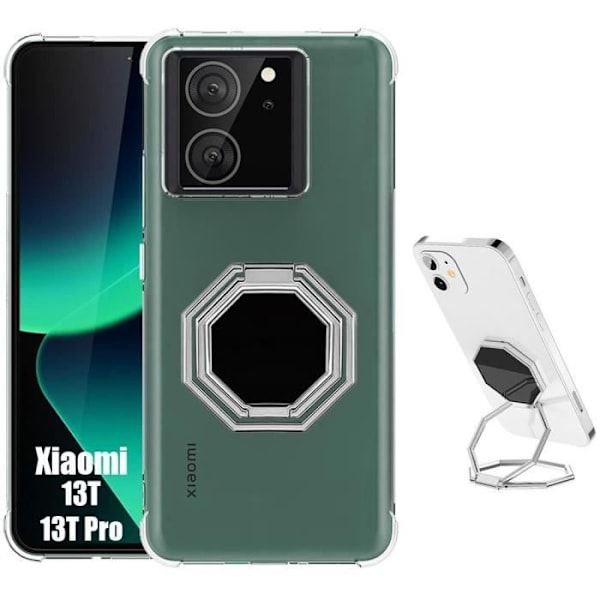 Skyddande skal - Xiaomi - 13T/13T Pro - Stöttålig silikon - Silverfärgad metallstöd - 4 inbyggda airbags Klar, Silver