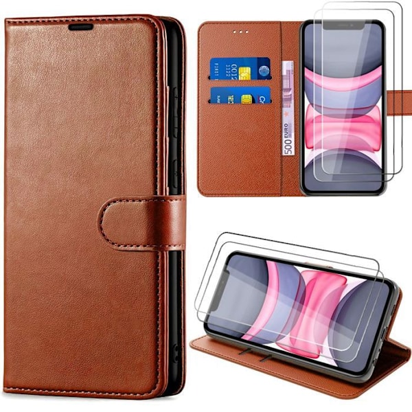 Coque + 2 Glas Med Dämpning för iPhone 11, Stötabsorberande Syntetiskt Läder 360° Skydd - Brun kastanj