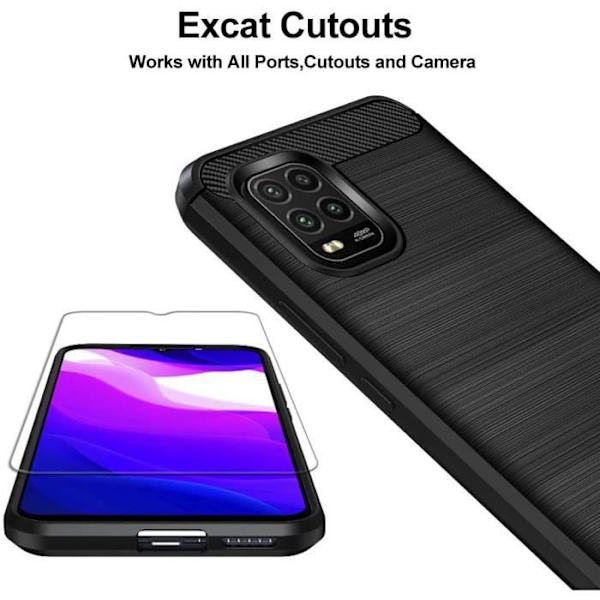 Fodral för Xiaomi Mi 10 Lite 5G + 3X skärmskydd i härdat glas, kolfibermjukt silikon TPU-fodral Coque