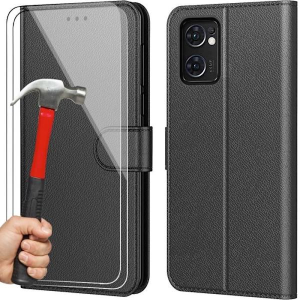 Coque och Härdat Glas - OPPO - Find X5 Lite - Svart - Skydd 360 - Läder Effekt Svart