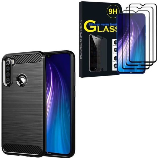 Til Xiaomi Redmi Note 8 6.3": Blødt børstet carbonfiber silikonetui + 3 farvede hærdet glasfilm - SORT