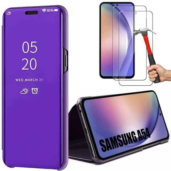 2 härdade glasögon + fodral för Samsung A54 Purple Integral Mirror Effect Smart Fodral Lila