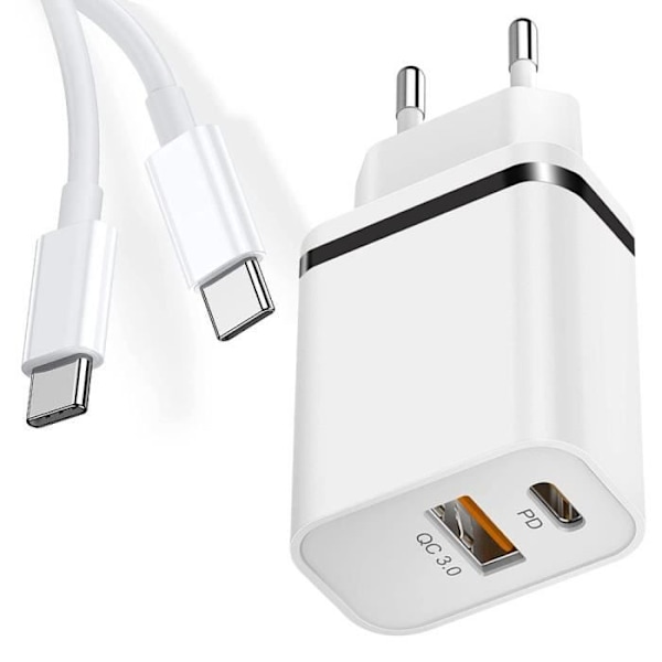 Snabb Laddare 2 Port PD+QC 3.0 med USB-C Kabel 1M för Redmi Note 14 13 12 11S - Note 11 - Note 11 Pro 4G-5G Vit